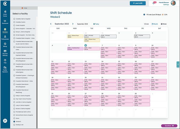 Original CareRev shift schedule month view showing a calendar grid with shift counts in each day cell.
