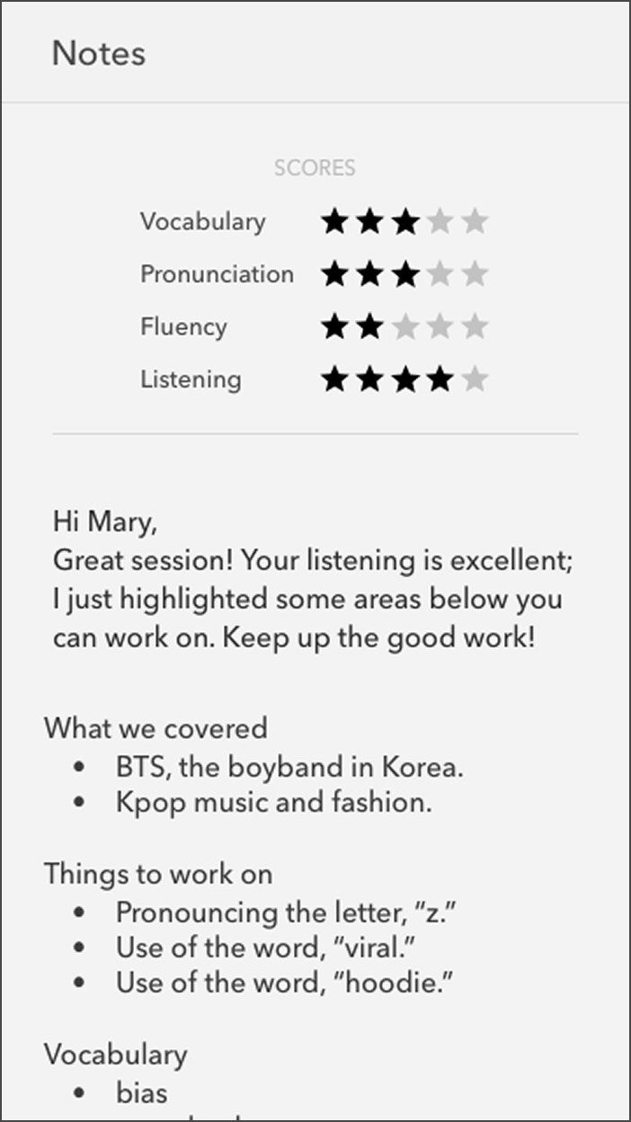 Mobile Notes screen showing scores for Vocabulary, Pronunciation, Fluency, and Listening. Below, a personal note from the tutor opens with Hi Mary, praises listening, and highlights areas to work on. Sections follow for What we covered, Things to work on, and Vocabulary.