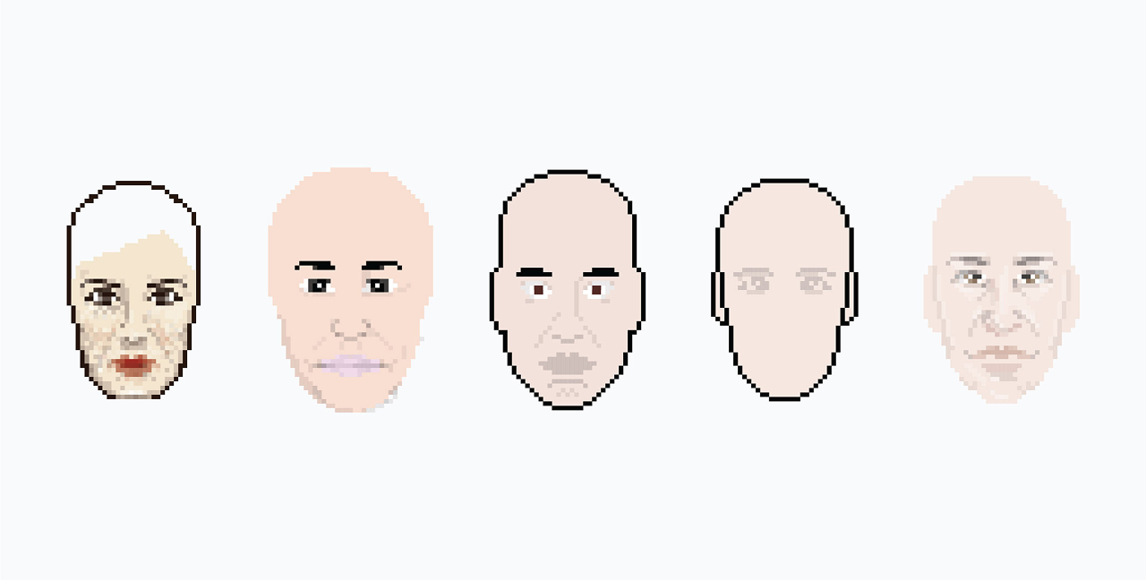 Five pixel faces blocked out before hair and color
