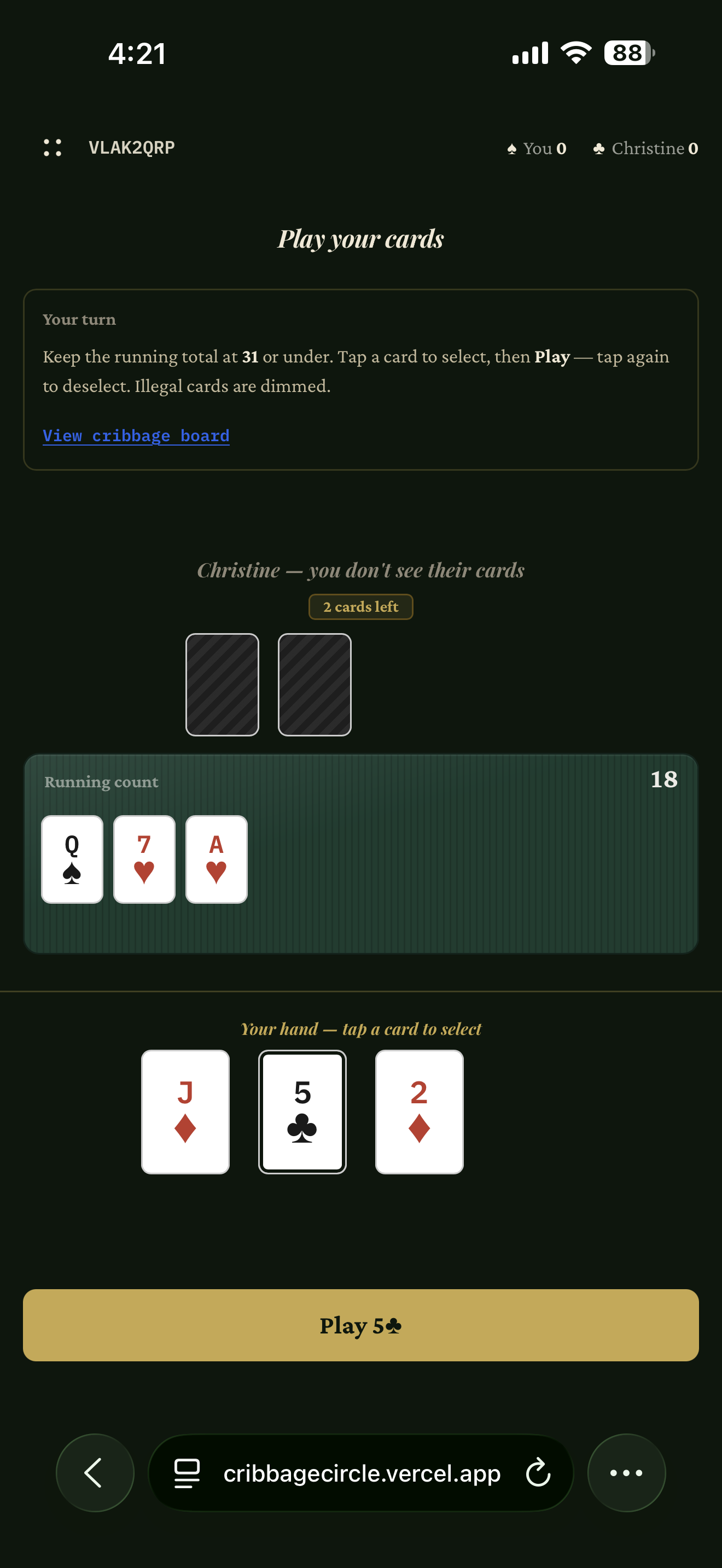 Playing a hand, with running count
