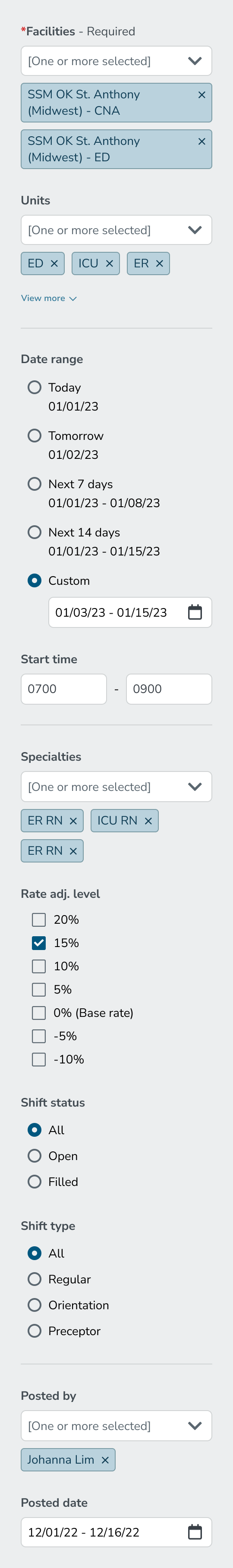 Expanded filter sidebar with the full v2 plan: Facilities (required, with two SSM St. Anthony locations selected), Units (with ED, ICU, ER selected), Date range (Today, Tomorrow, Next 7 days, Next 14 days, Custom selected with date range), Start time (with start and end fields), Specialties (with three RN specialties selected), Rate adj. level (with 15% checked), Shift status (All selected), Shift type (All selected), Posted by (with Johanna Lim selected), and Posted date (with date range).
