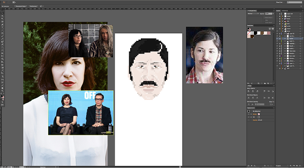 Illustrator workspace with reference photos and a pixel face in progress