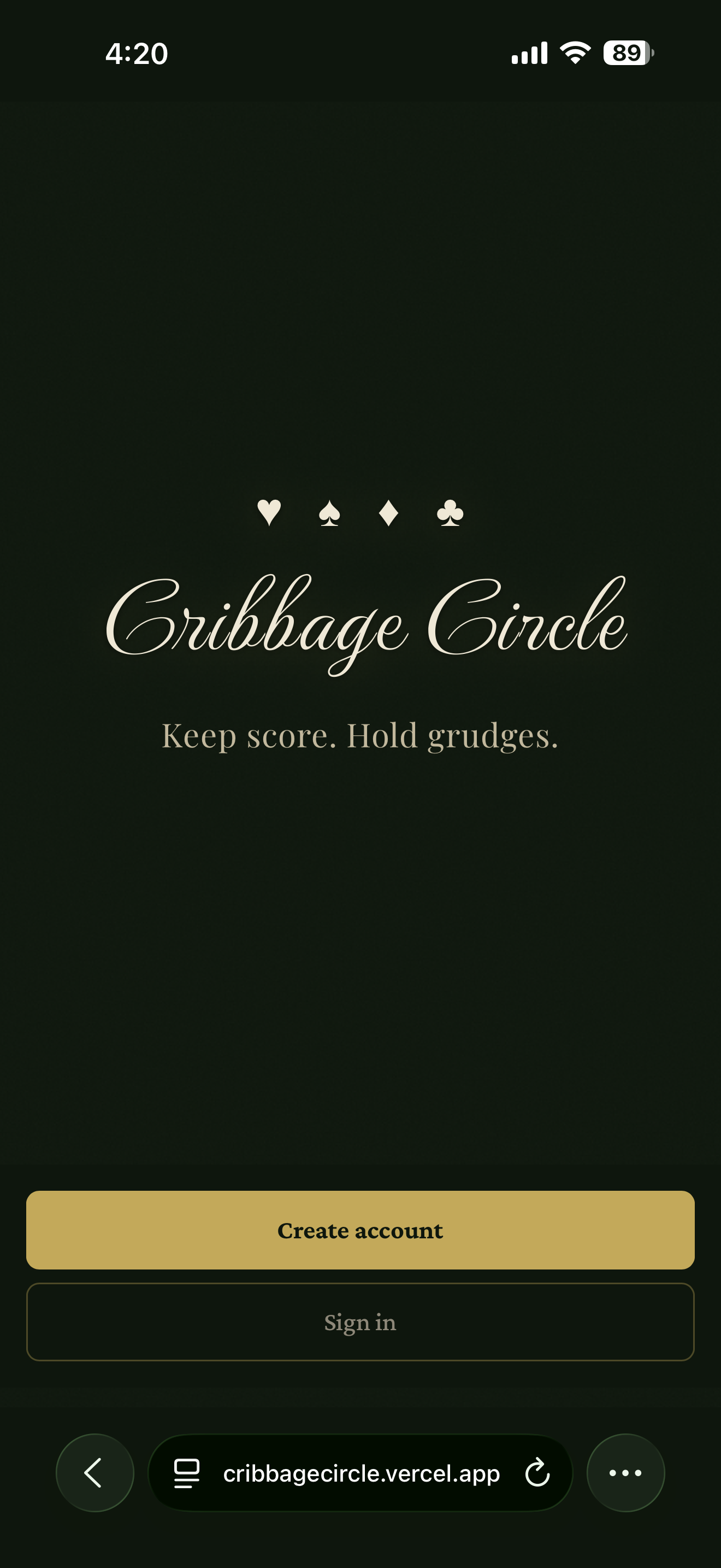 Cribbage Circle landing screen
