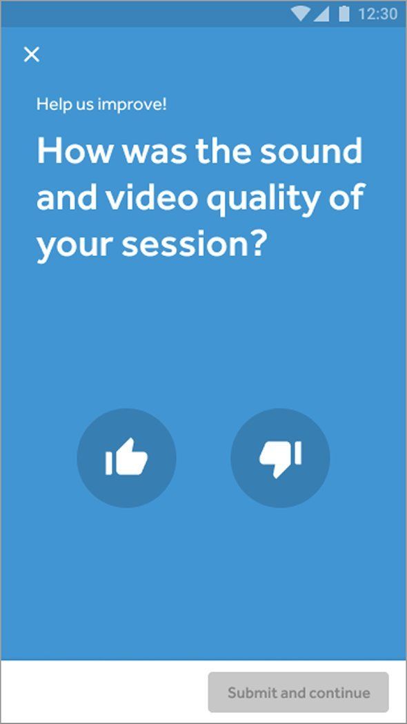 Mobile post-session feedback prompt on a blue canvas. Header reads Help us improve. Large headline asks: How was the sound and video quality of your session? Two circular buttons below: thumbs up and thumbs down. A Submit and continue button sits at the bottom.