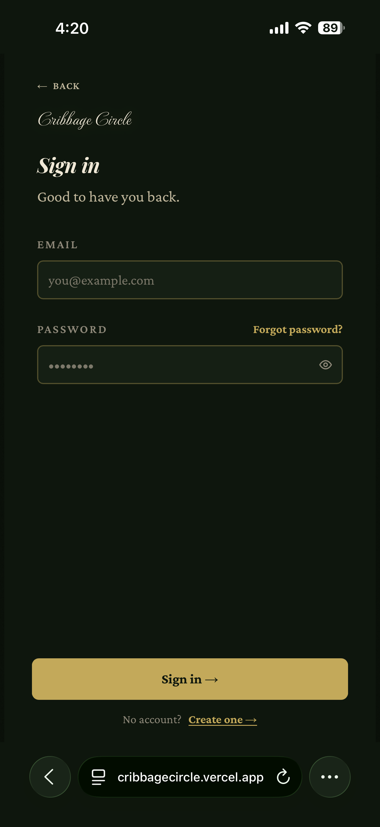 Sign in screen