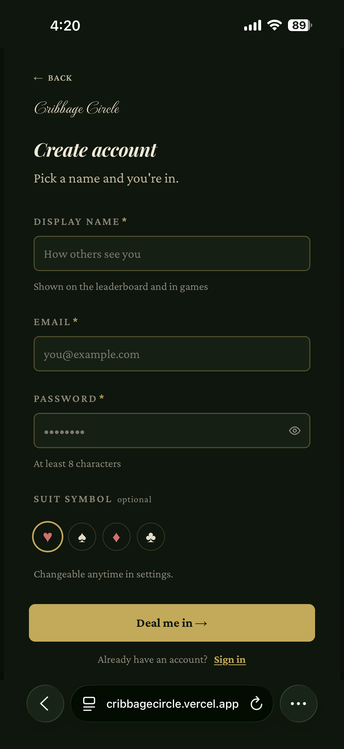 Create account screen